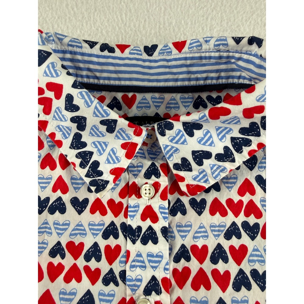 Talbots Womens Small Red Navy Blue Heart Print Cotton Button Down Shirt Blouse - Picture 4 of 9